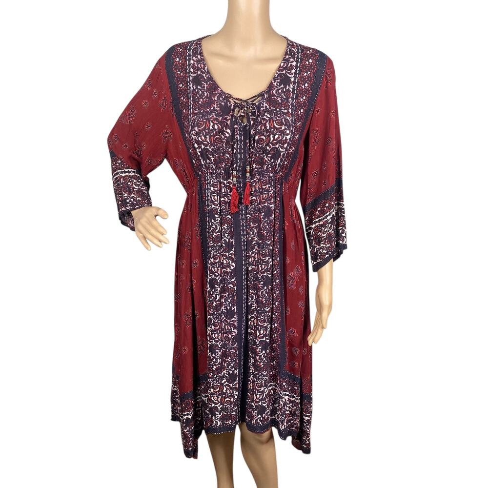 Rod’s Red Black Bohemian Lace Up Asymmetric Hem Dress M | Rayon Whimsigoth